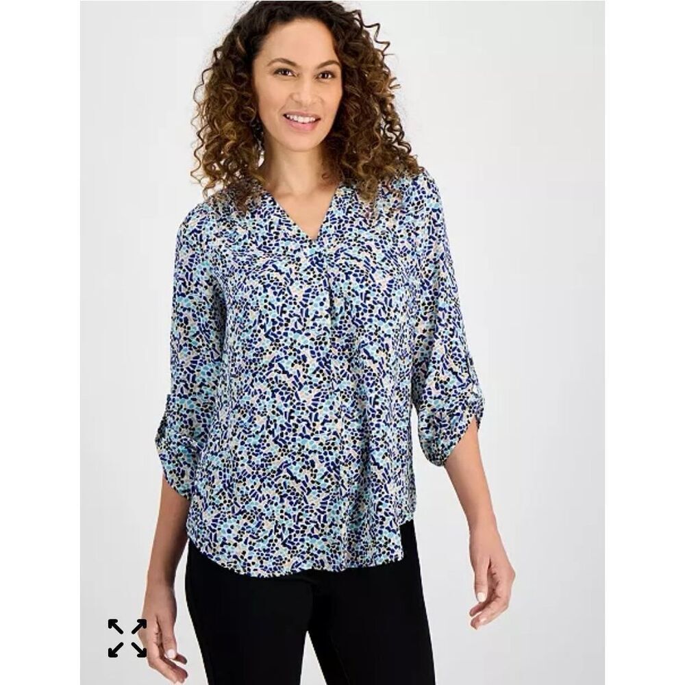 Anne Klein Long-Sleeve V-Neck Pleat-Front Printed Tunic V-Neck Pullover SZ MP